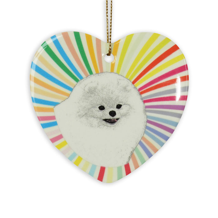 Pomeranian White Ceramic Heart Ornament